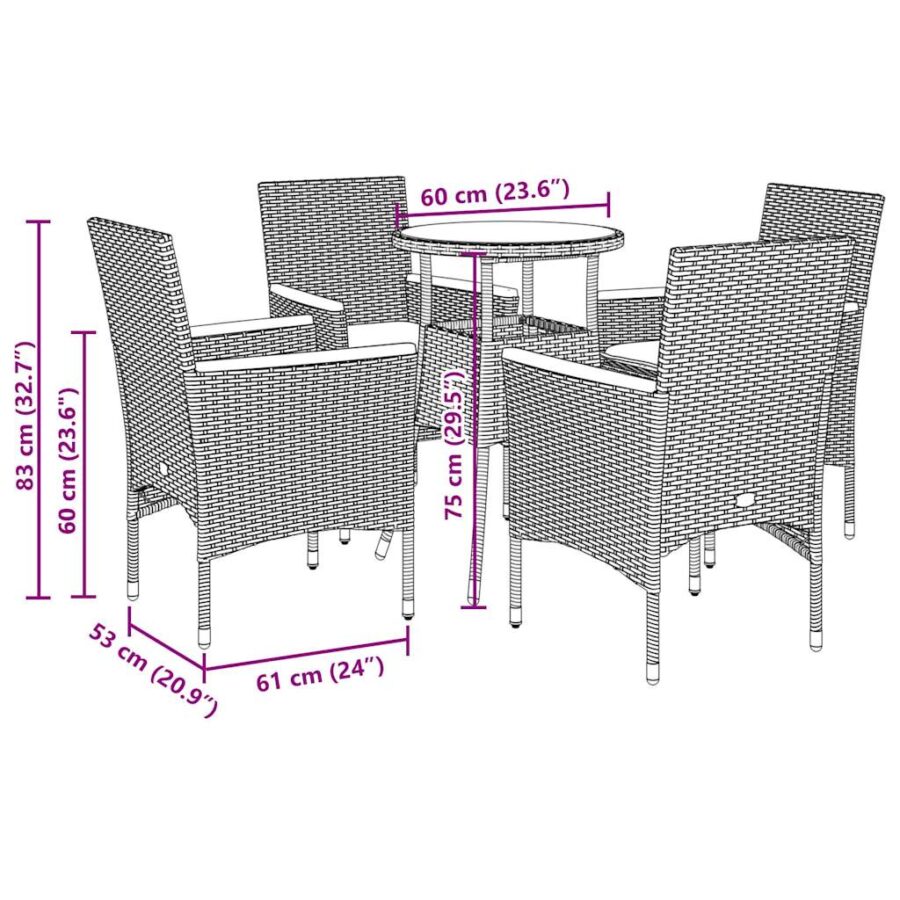5-delige Loungeset met kussens poly rattan en acaciahout grijs - Afbeelding 7