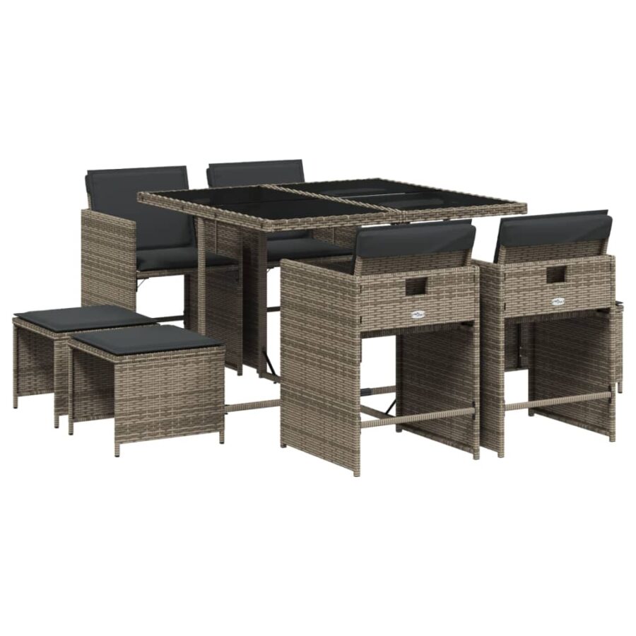 9-delige Tuinset met kussens poly rattan grijs - Afbeelding 2