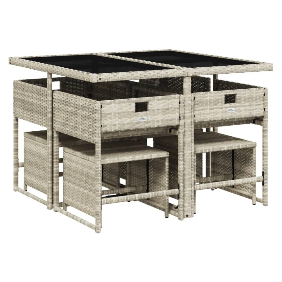9-delige Tuinset met kussens poly rattan lichtgrijs - Afbeelding 4