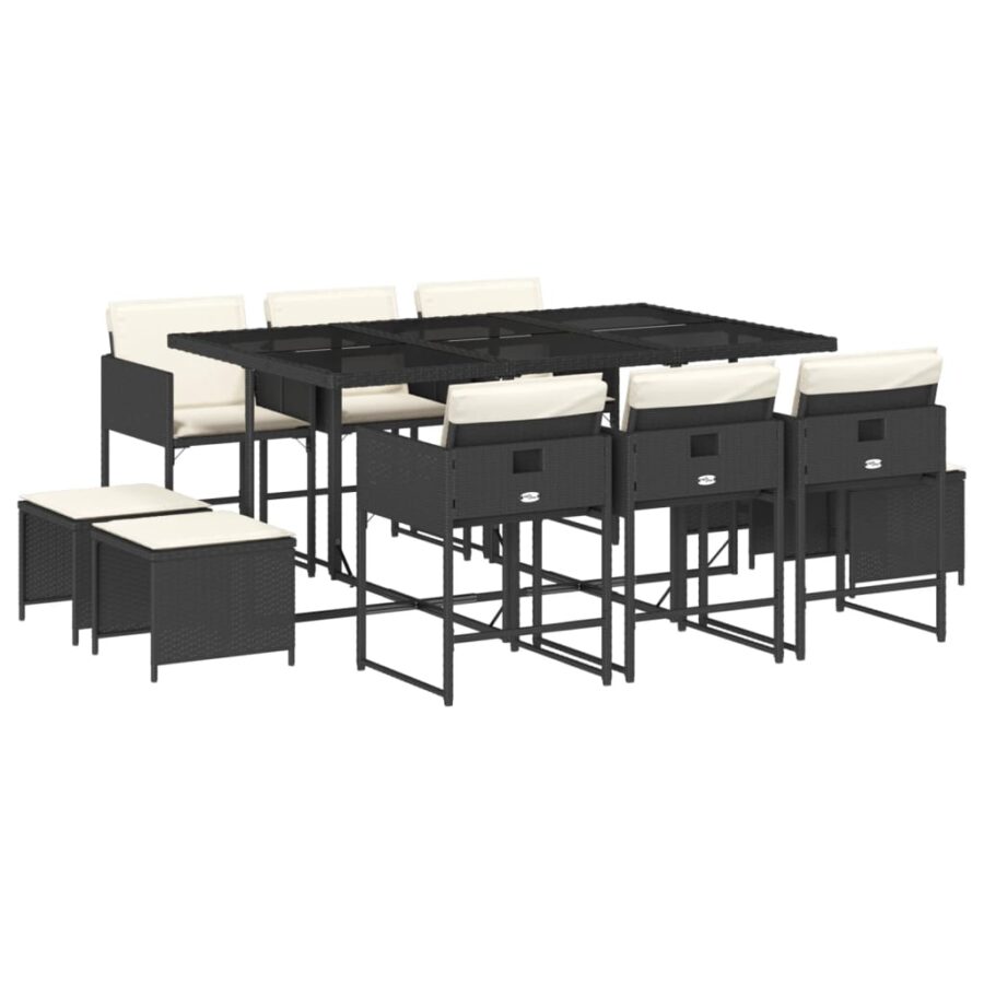 11-delige Tuinset met kussens poly rattan zwart - Afbeelding 2