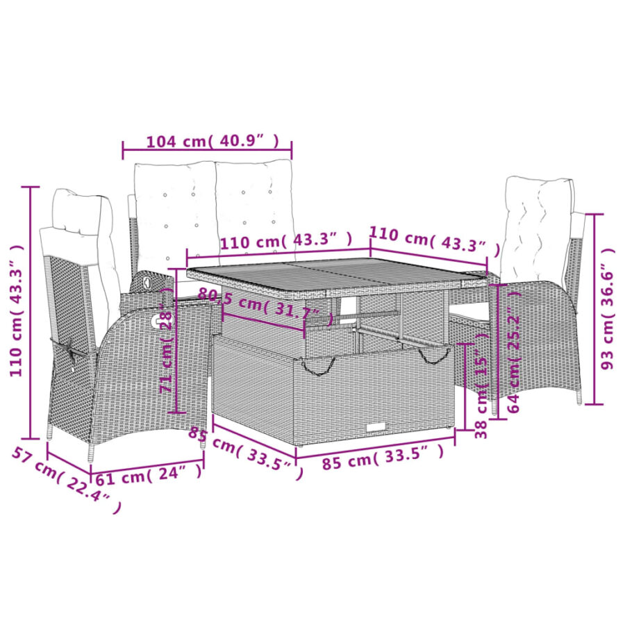 4-delige Tuinset met kussens poly rattan zwart - Afbeelding 9
