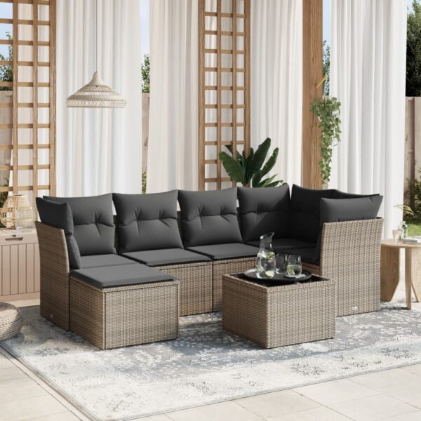 7-delige Loungeset met kussens poly rattan grijs