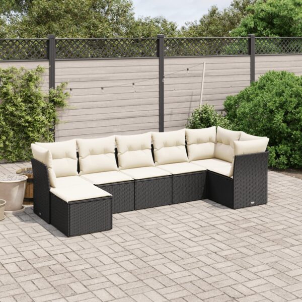7-delige Loungeset met kussens poly rattan zwart