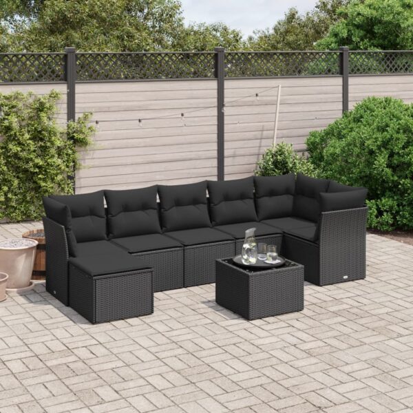 8-delige Loungeset met kussens poly rattan zwart