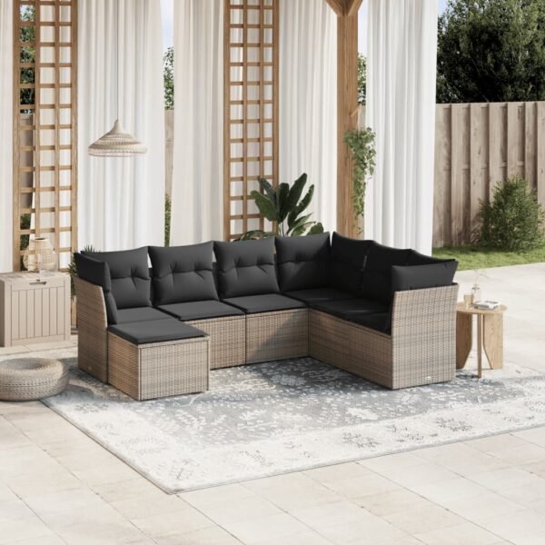7-delige Loungeset met kussens poly rattan grijs