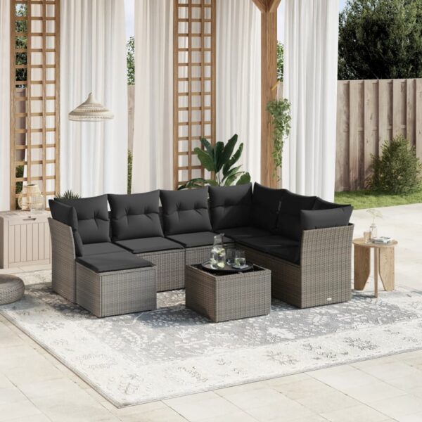 8-delige Loungeset met kussens poly rattan grijs