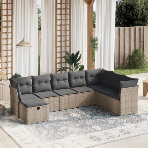 8-delige Loungeset met kussens poly rattan grijs