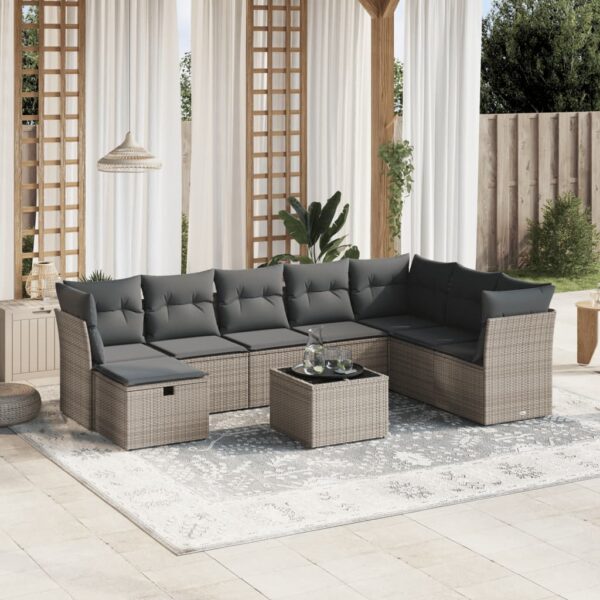 9-delige Loungeset met kussens poly rattan grijs