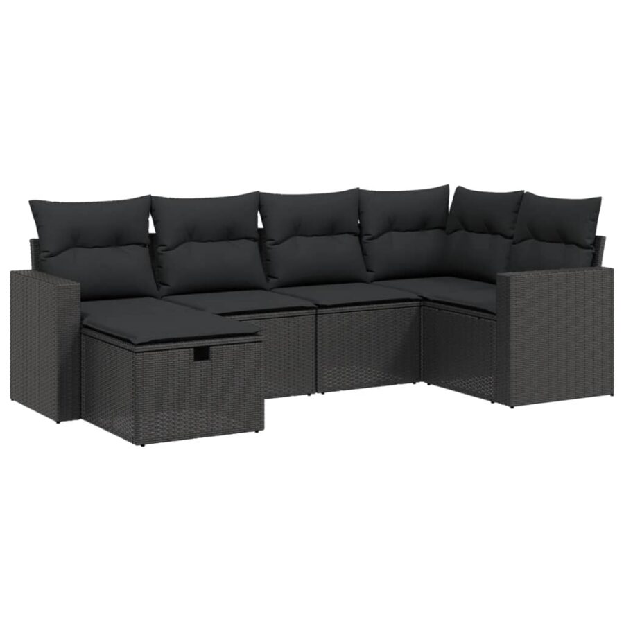 6-delige Loungeset met kussens poly rattan zwart - Afbeelding 2