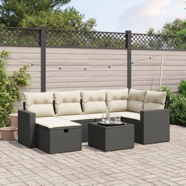 7-delige Loungeset met kussens poly rattan zwart
