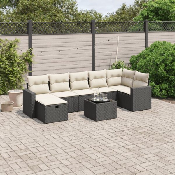 8-delige Loungeset met kussens poly rattan zwart
