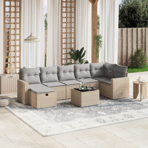 8-delige Loungeset met kussens poly rattan gemengd beige