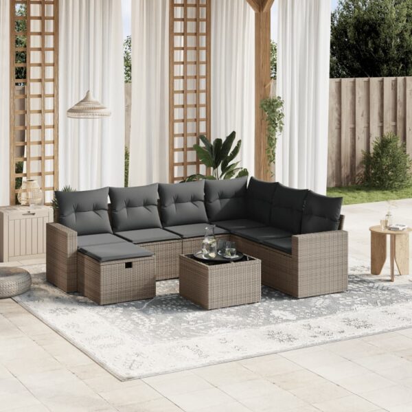 8-delige Loungeset met kussens poly rattan grijs