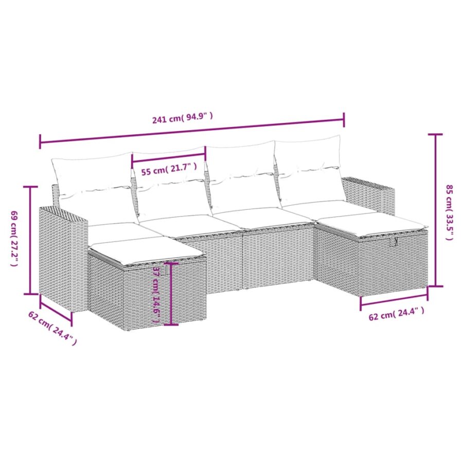 6-delige Loungeset met kussens poly rattan gemengd beige - Afbeelding 4