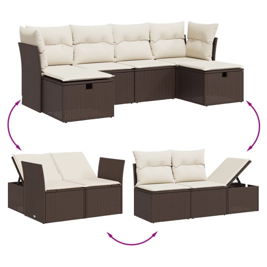 6-delige Loungeset met kussens poly rattan bruin - Afbeelding 3