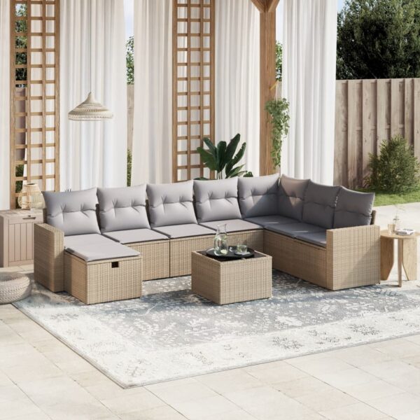 9-delige Loungeset met kussens poly rattan gemengd beige