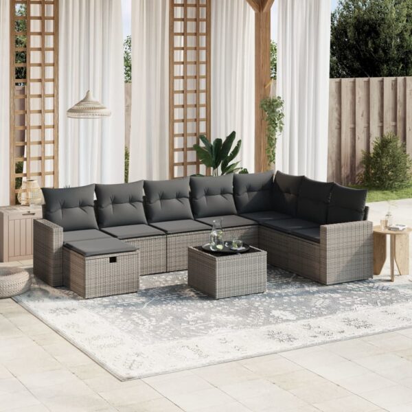 9-delige Loungeset met kussens poly rattan grijs