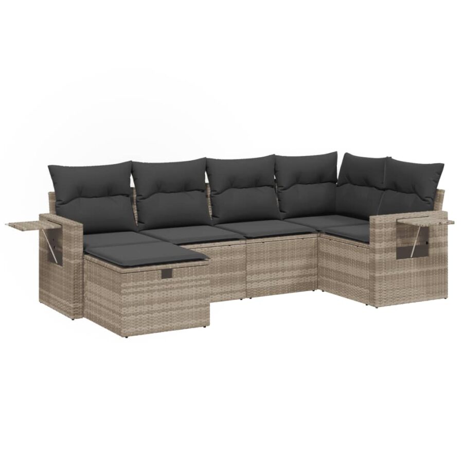 6-delige Loungeset met kussens poly rattan lichtgrijs - Afbeelding 2