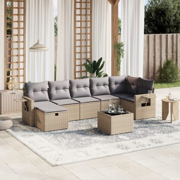 8-delige Loungeset met kussens poly rattan gemengd beige