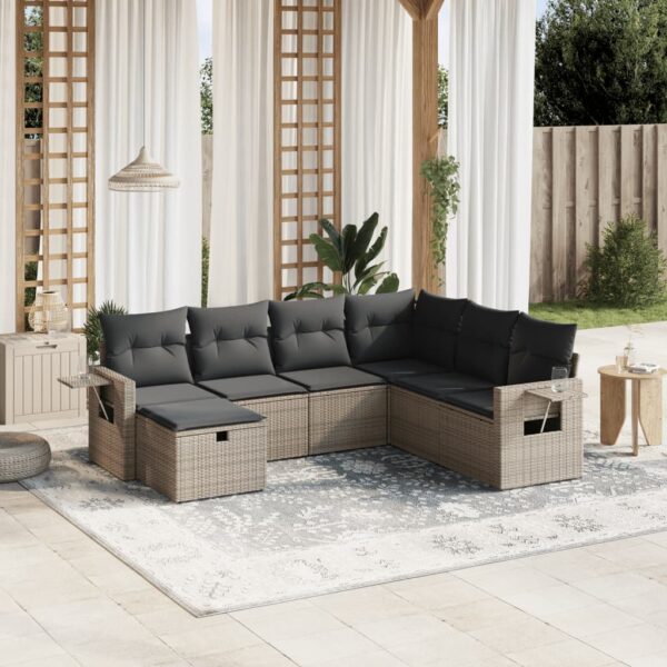 7-delige Loungeset met kussens poly rattan grijs