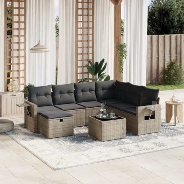 8-delige Loungeset met kussens poly rattan grijs