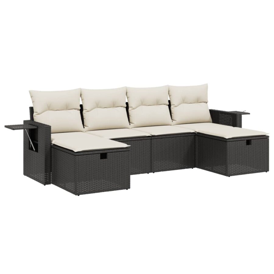 6-delige Loungeset met kussens poly rattan zwart - Afbeelding 2