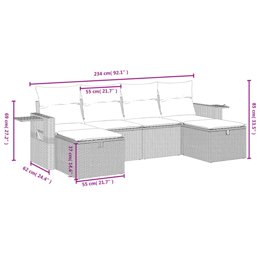 6-delige Loungeset met kussens poly rattan bruin - Afbeelding 4