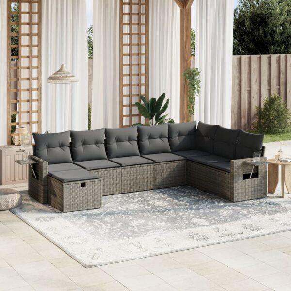 8-delige Loungeset met kussens poly rattan grijs