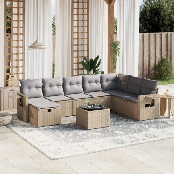 9-delige Loungeset met kussens poly rattan gemengd beige