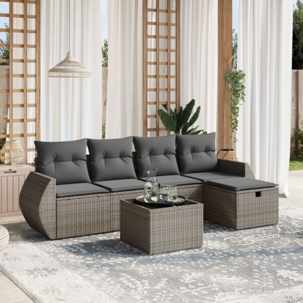 6-delige Loungeset met kussens poly rattan grijs