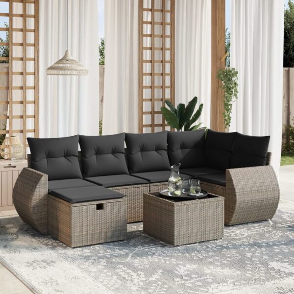 7-delige Loungeset met kussens poly rattan grijs