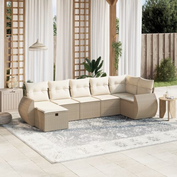 7-delige Loungeset met kussens poly rattan beige