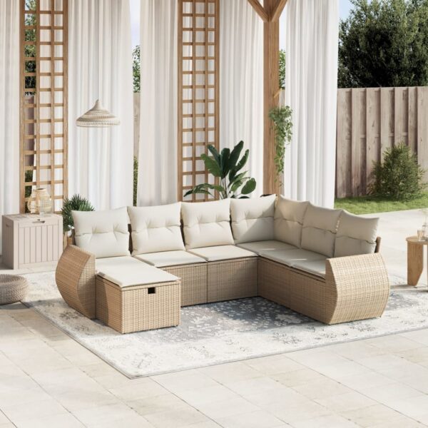 7-delige Loungeset met kussens poly rattan beige