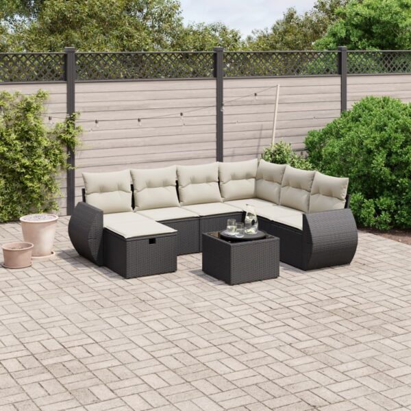 8-delige Loungeset met kussens poly rattan zwart
