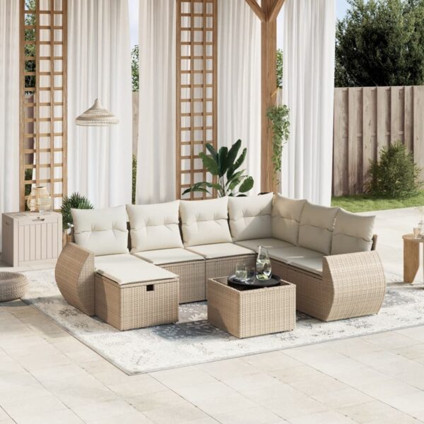 8-delige Loungeset met kussens poly rattan beige