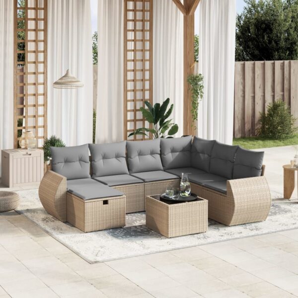 8-delige Loungeset met kussens poly rattan gemengd beige