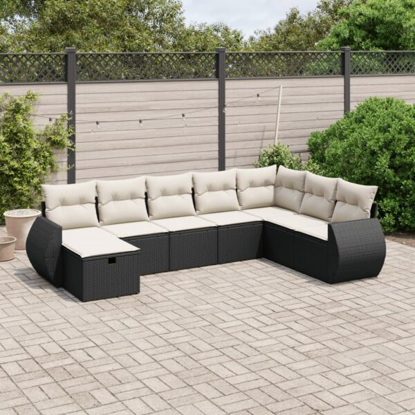 8-delige Loungeset met kussens poly rattan zwart