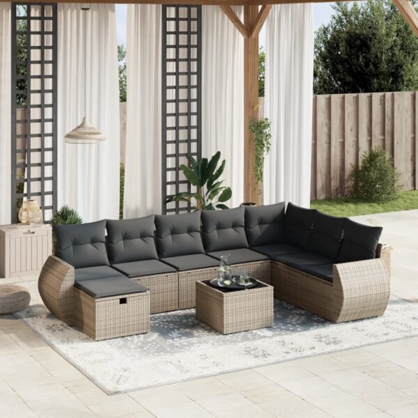 9-delige Loungeset met kussens poly rattan grijs