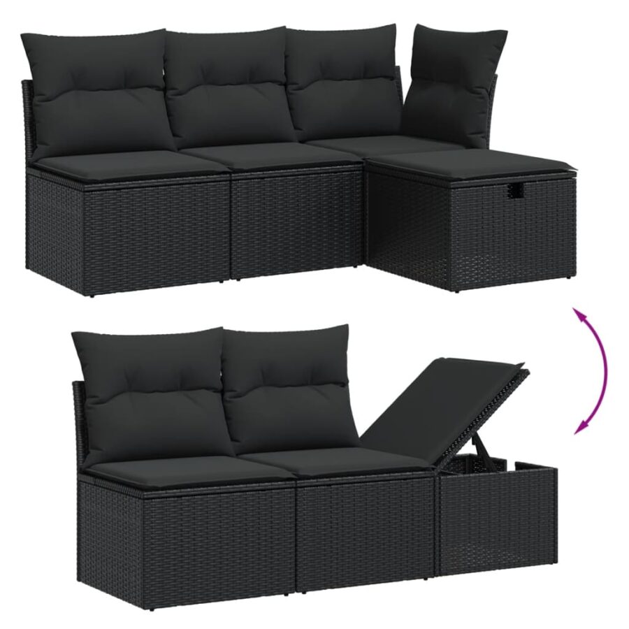6-delige Loungeset met kussens poly rattan zwart - Afbeelding 3