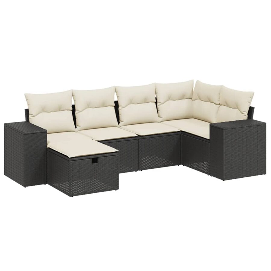 6-delige Loungeset met kussens poly rattan zwart - Afbeelding 2