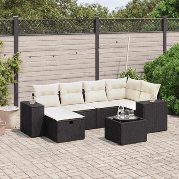 7-delige Loungeset met kussens poly rattan zwart