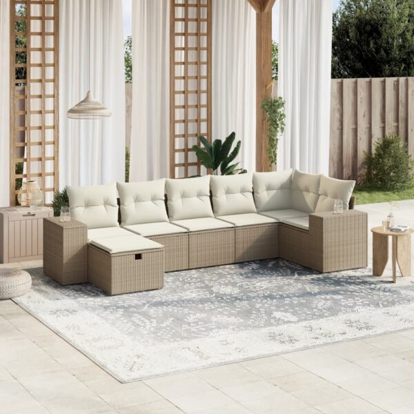 7-delige Loungeset met kussens poly rattan beige