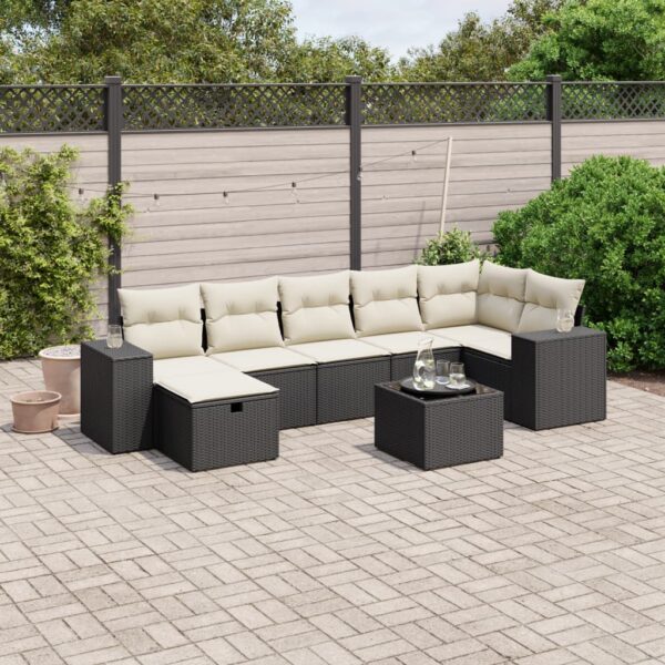 8-delige Loungeset met kussens poly rattan zwart