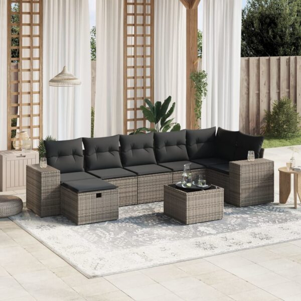 8-delige Loungeset met kussens poly rattan grijs