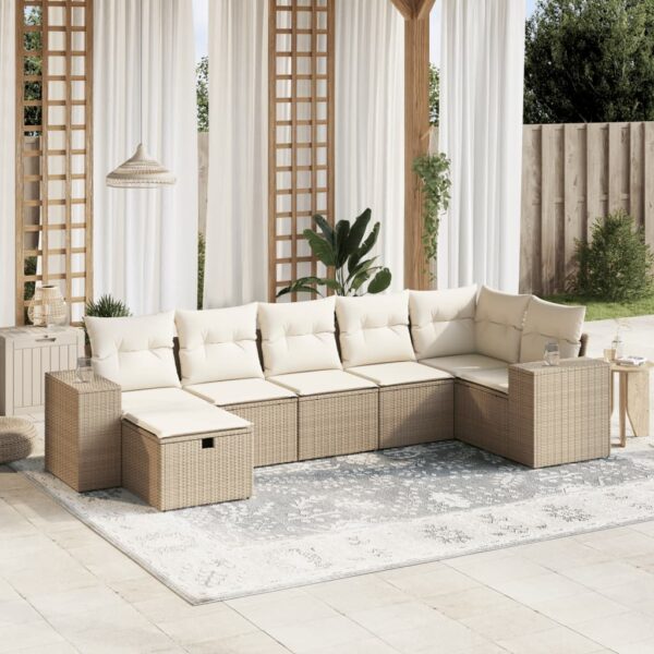 7-delige Loungeset met kussens poly rattan beige