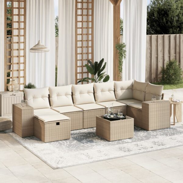 8-delige Loungeset met kussens poly rattan beige