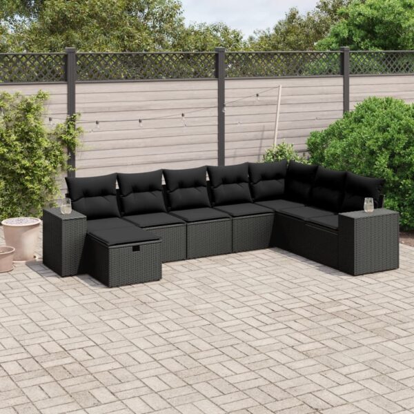 8-delige Loungeset met kussens poly rattan zwart