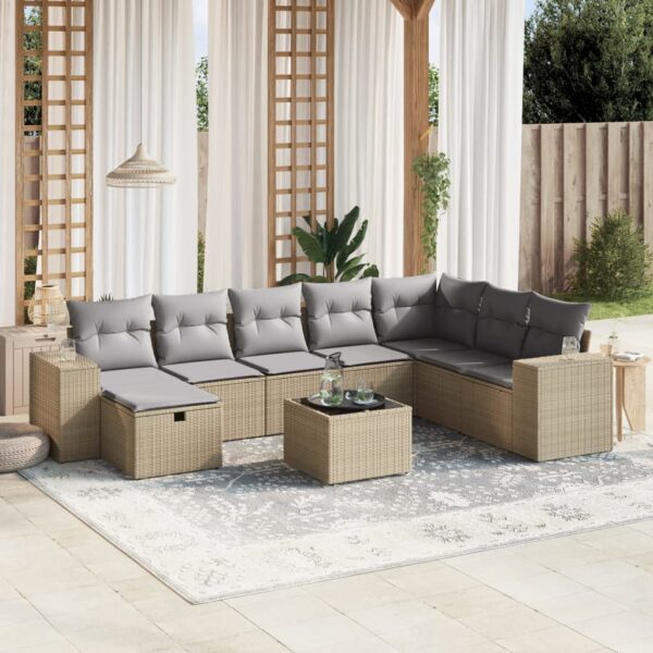 9-delige Loungeset met kussens poly rattan gemengd beige