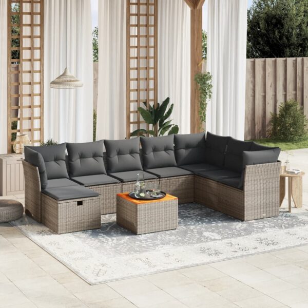 9-delige Loungeset met kussens poly rattan grijs