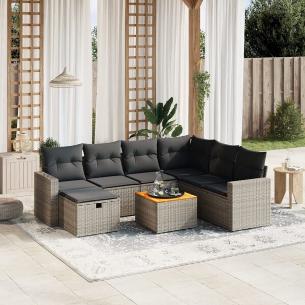 8-delige Loungeset met kussens poly rattan grijs